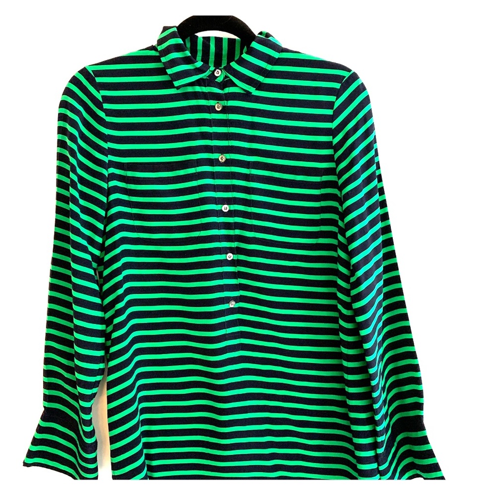 J Crew silk button down, green & black stripe